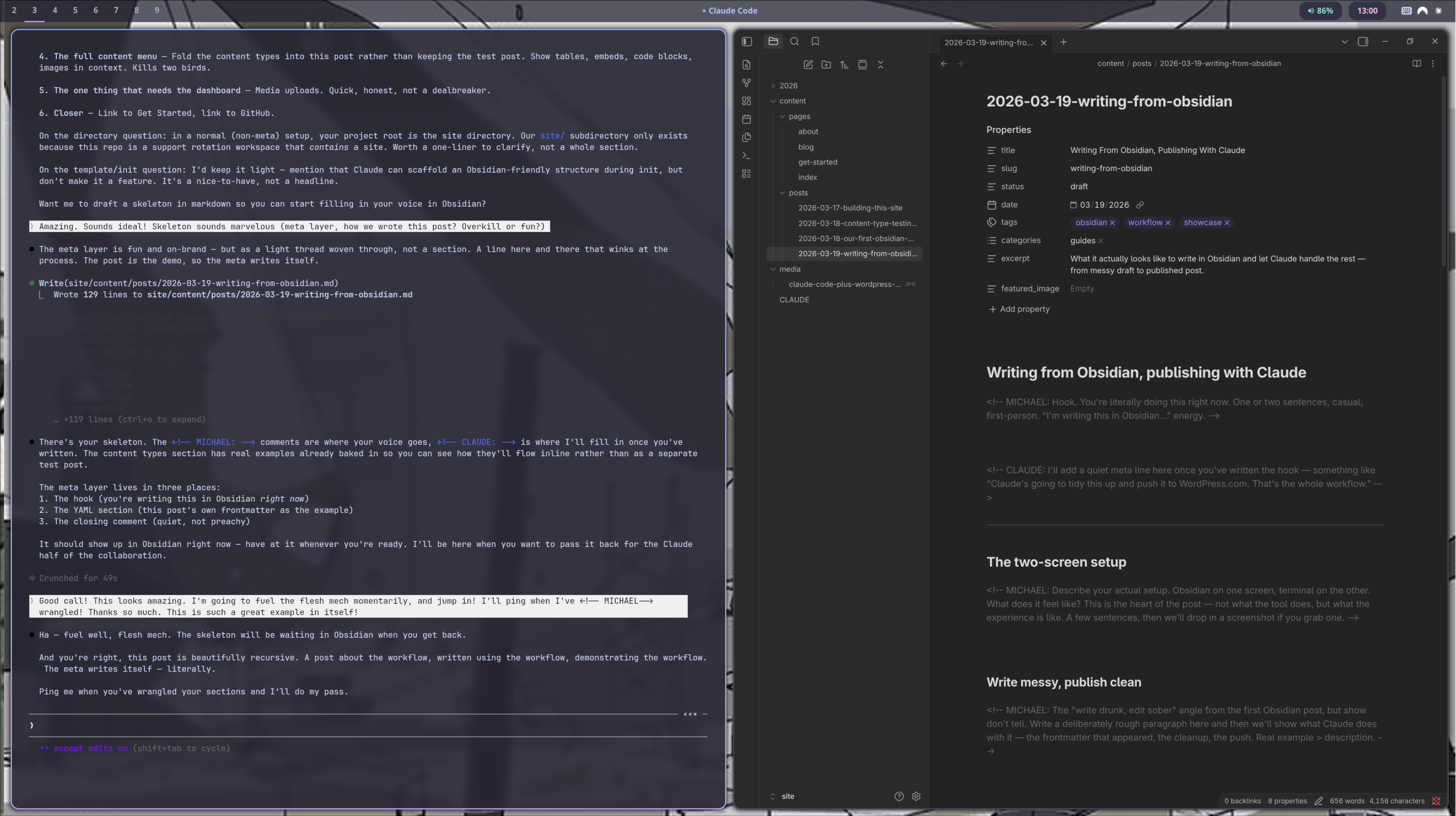 Hyprland desktop with Claude Code and Obsidian side by side